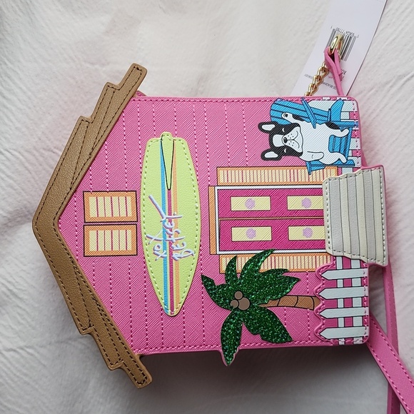 Betsey Johnson Crossbody Bag Pink Beach House With Frenchie Dog Purse NWT - Picture 4 of 17